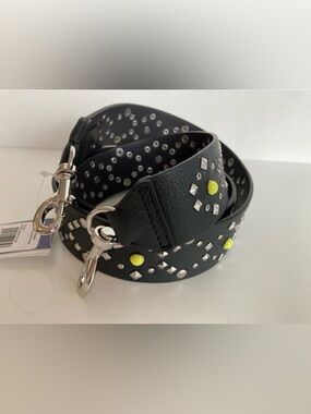 Rebecca Minkoff Black Studded Leather Guitar Bag Strap with Neon Yellow Accents